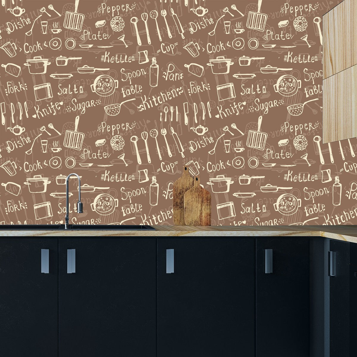 Hand Drawn Seamless Background Kitchen Utensils and Crockery Wallpaper Kitchen Mural