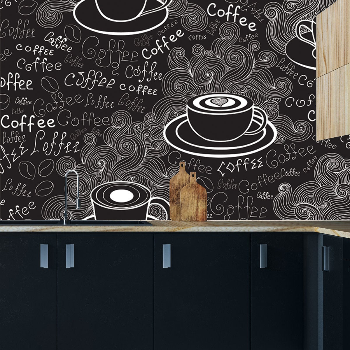 Various Coffee Cups and Words "Coffee" Handwritten by Chalk on Black Board Wallpaper Kitchen Mural