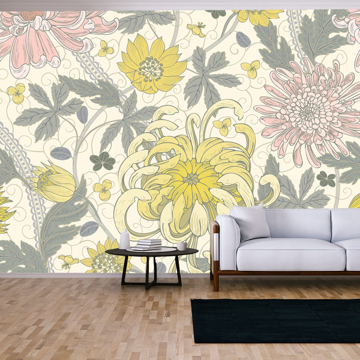 Arts and crafts Style Floral Seamless Pattern. Chrysanthemum Garden Background, Floral Backdrop Wallpaper Living Room Mural