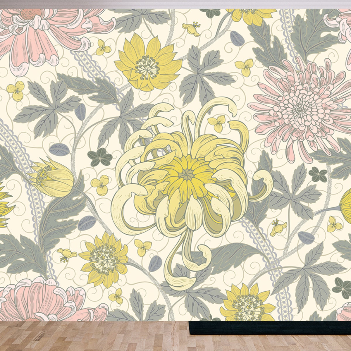 Arts and crafts Style Floral Seamless Pattern. Chrysanthemum Garden Background, Floral Backdrop Wallpaper Living Room Mural