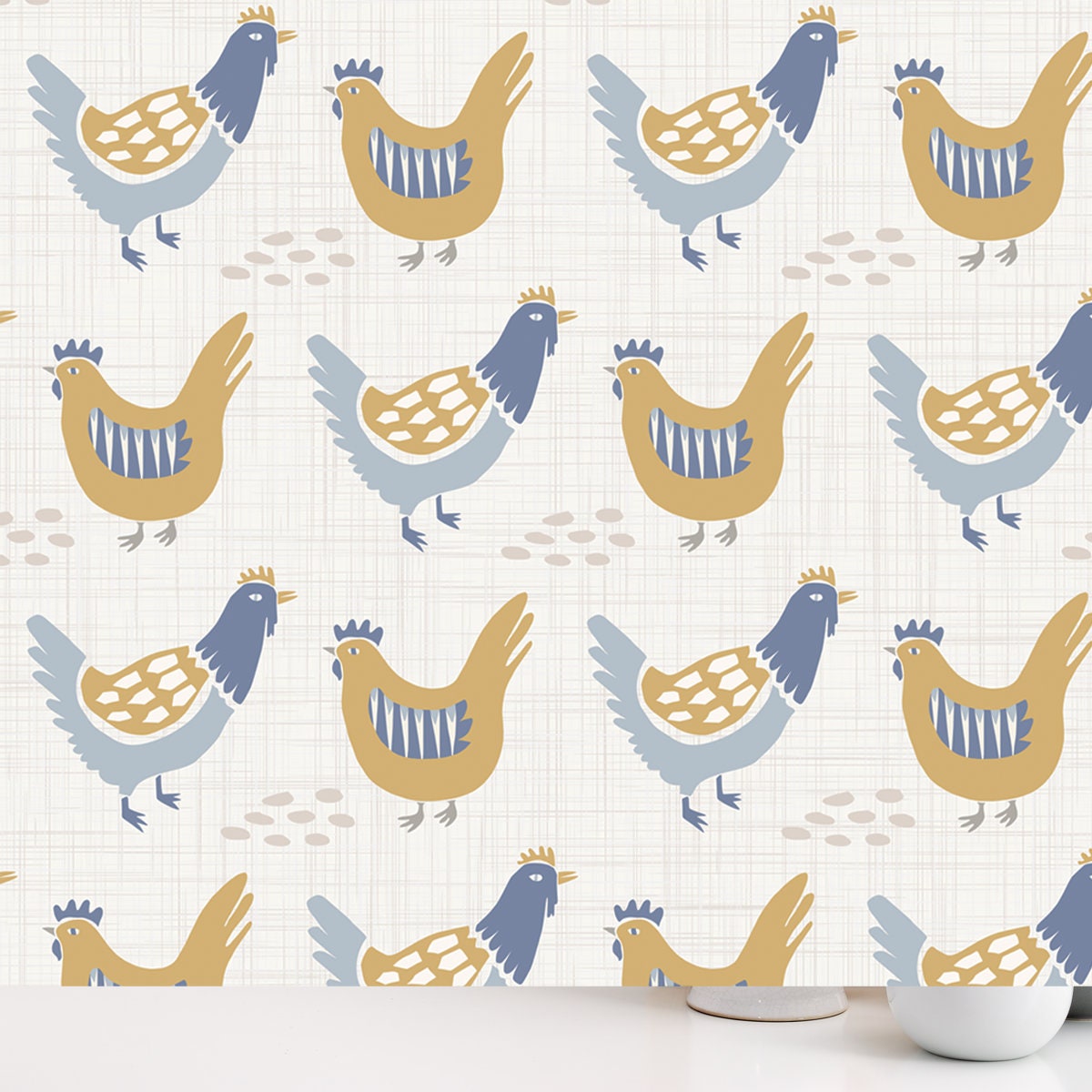French Farmhouse Chicken Hen Pattern. Provence Linen Shabby Chic Style. Hand Drawn Rustic Texture Background Wallpaper Kitchen Mural