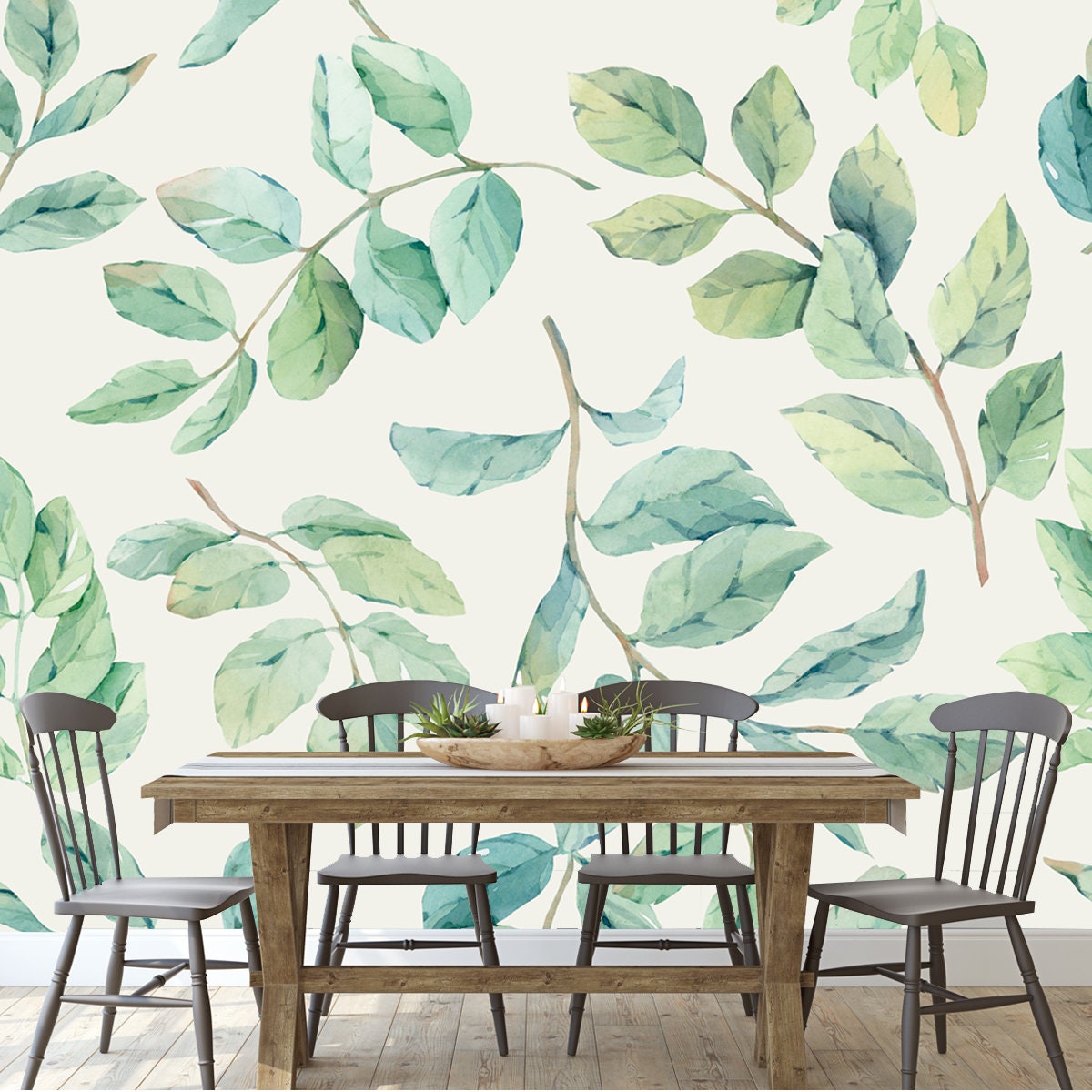 Seamless Pattern of Delicate Twigs with Green Leaves on a Light Beige Background. Hand-Drawn in Watercolor Wallpaper Dining Room Mural