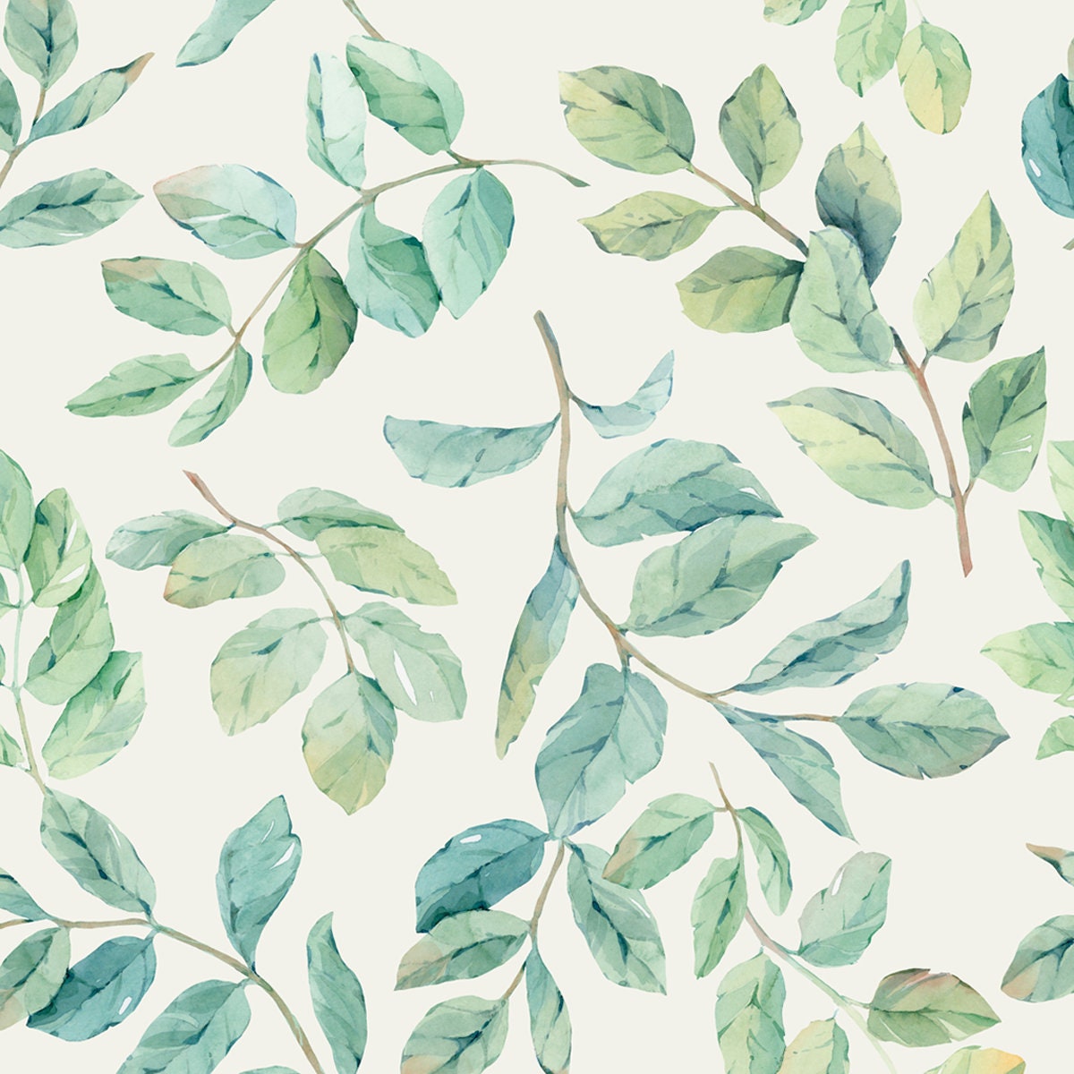 Seamless Pattern of Delicate Twigs with Green Leaves on a Light Beige Background. Hand-Drawn in Watercolor Wallpaper Dining Room Mural