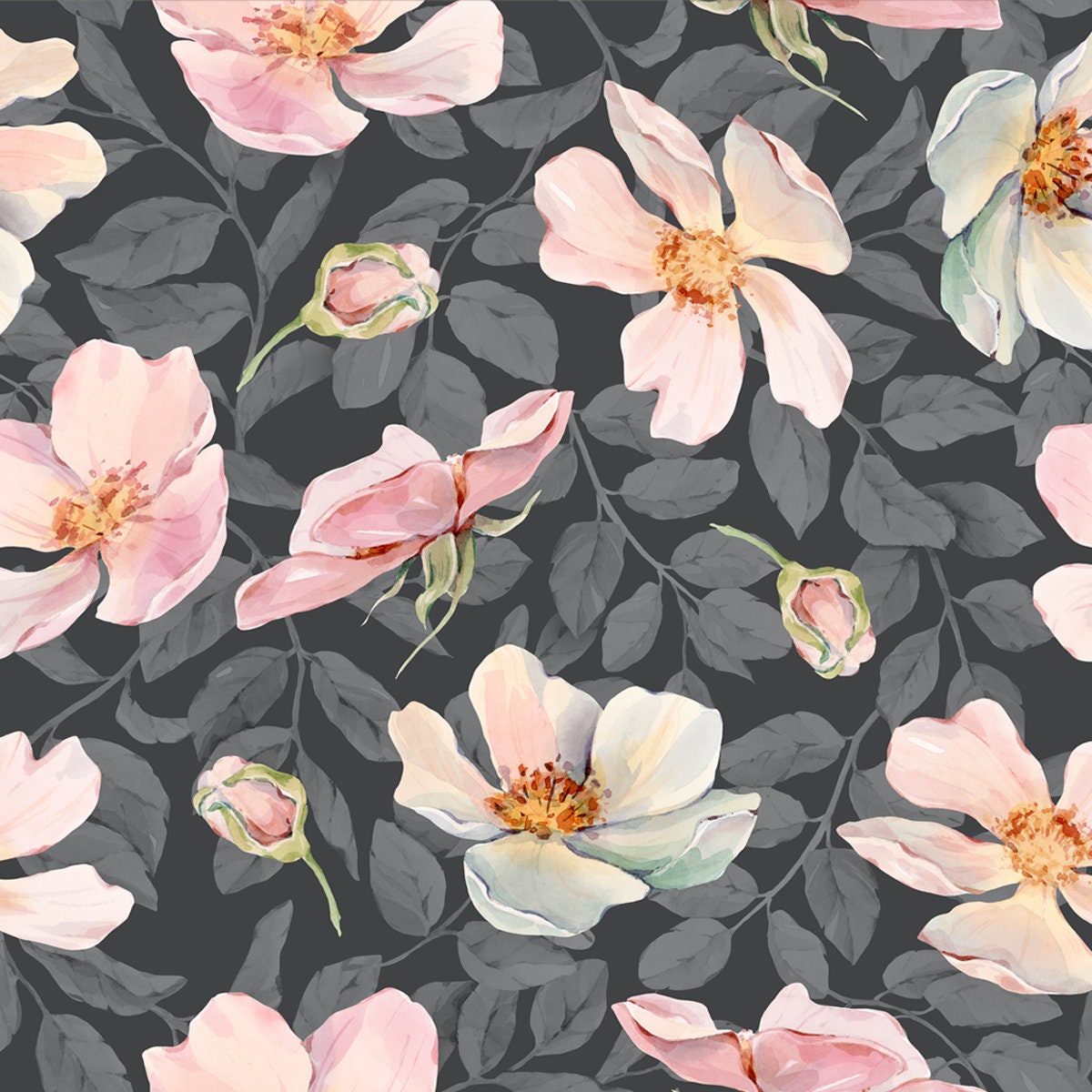 Pattern of Beautiful Pink Flowers and Buds, on a Background of Gray Twigs with Leaves Wallpaper Dining Room Mural