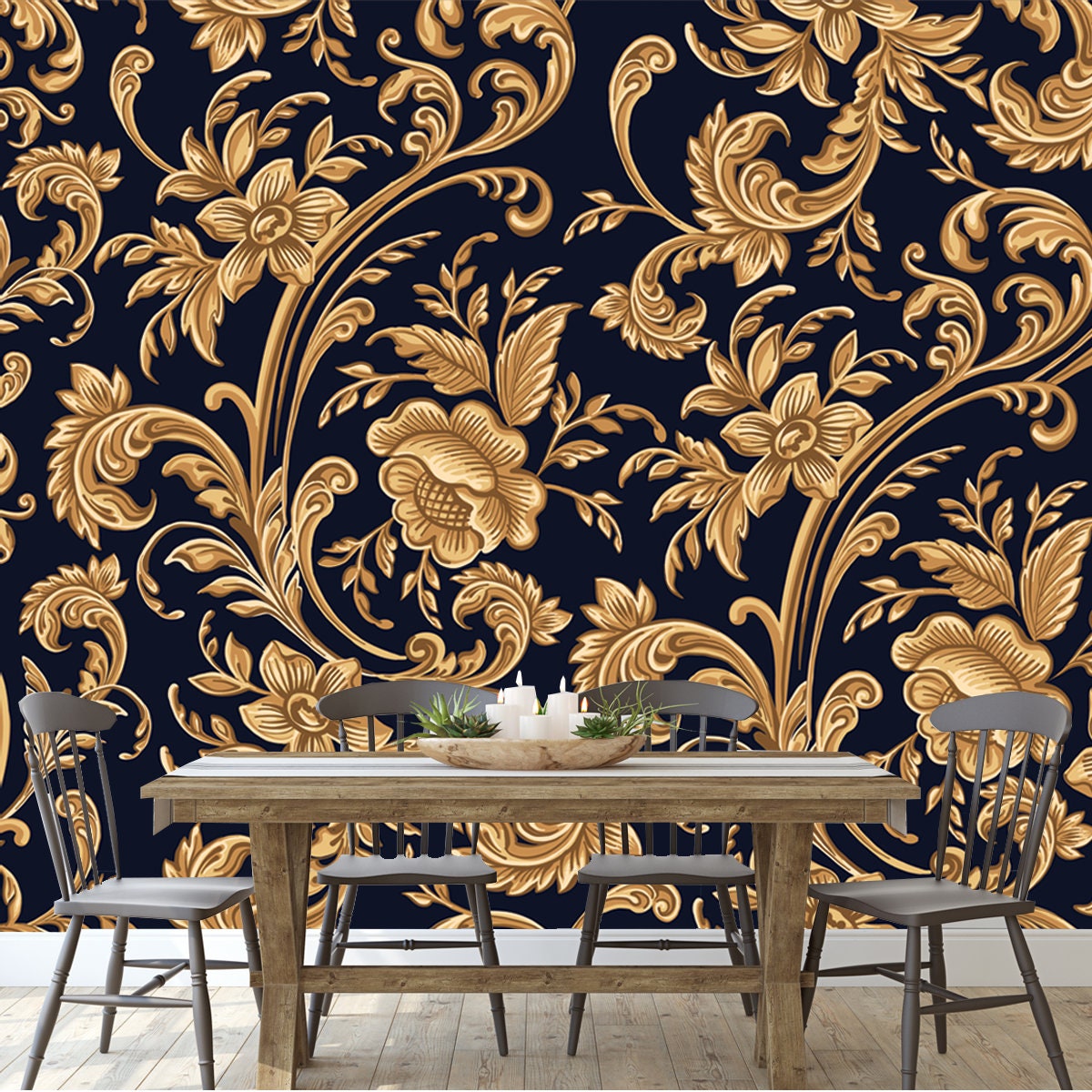 Seamless Pattern of Decorative Gold Floral Element Wallpaper Dining Room Mural