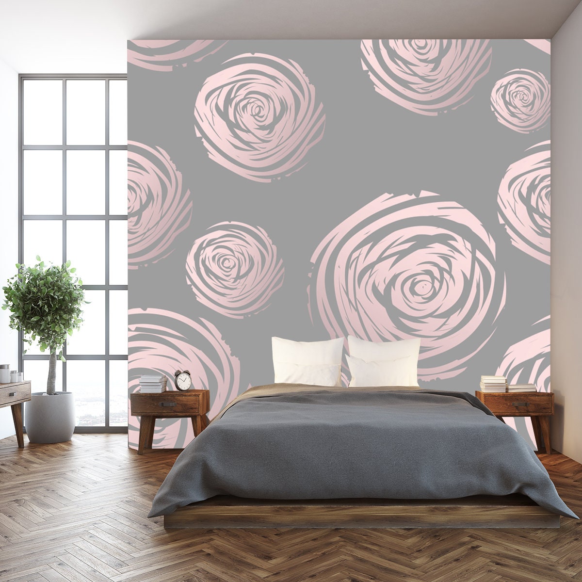 Gold Abstract Roses on Grey Background Wallpaper Bedroom Mural