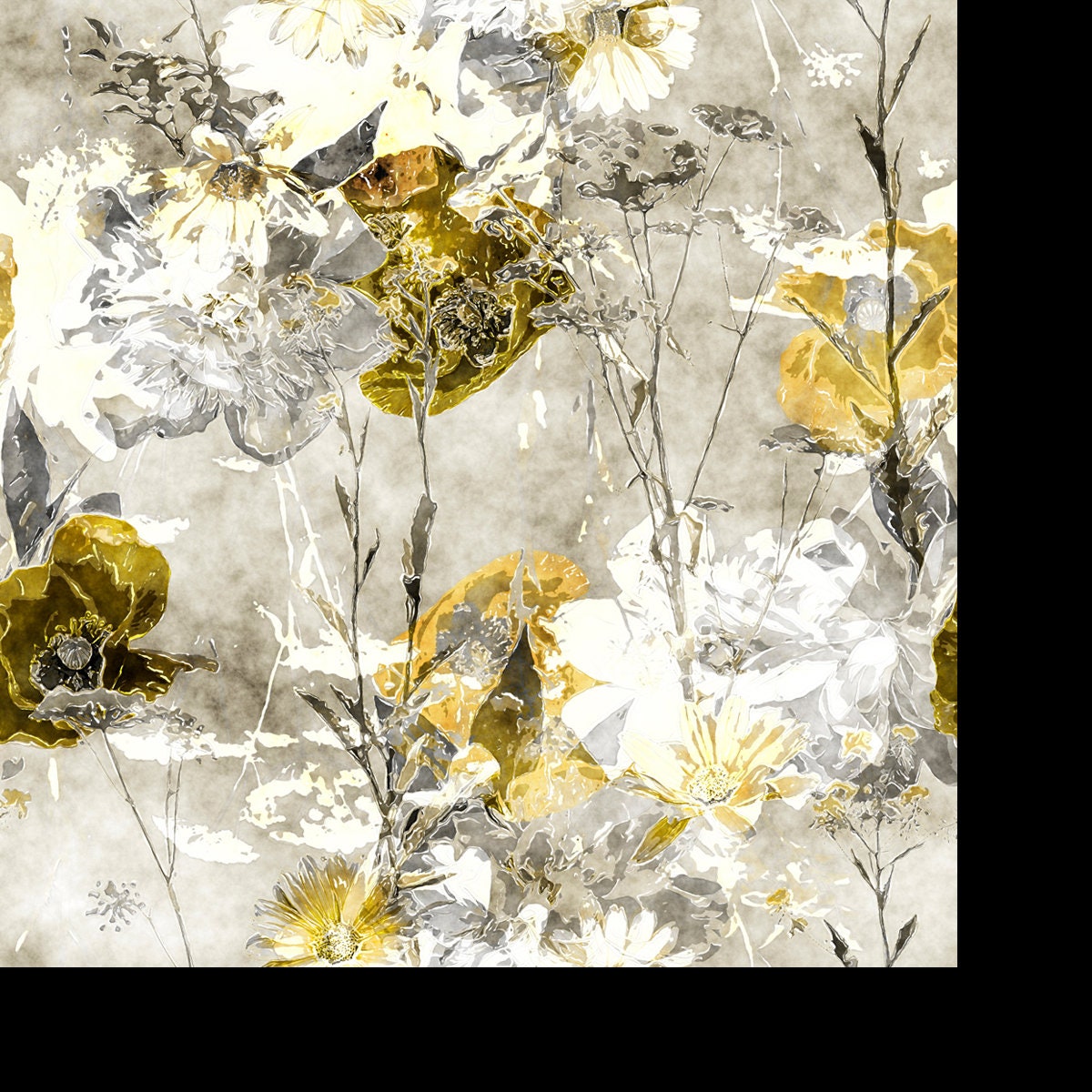 Art Vintage Watercolor Monochrome Floral Pattern with Old Gold and White Poppies, Peonies, Roses, Leaves and Grasses Wallpaper Living Room