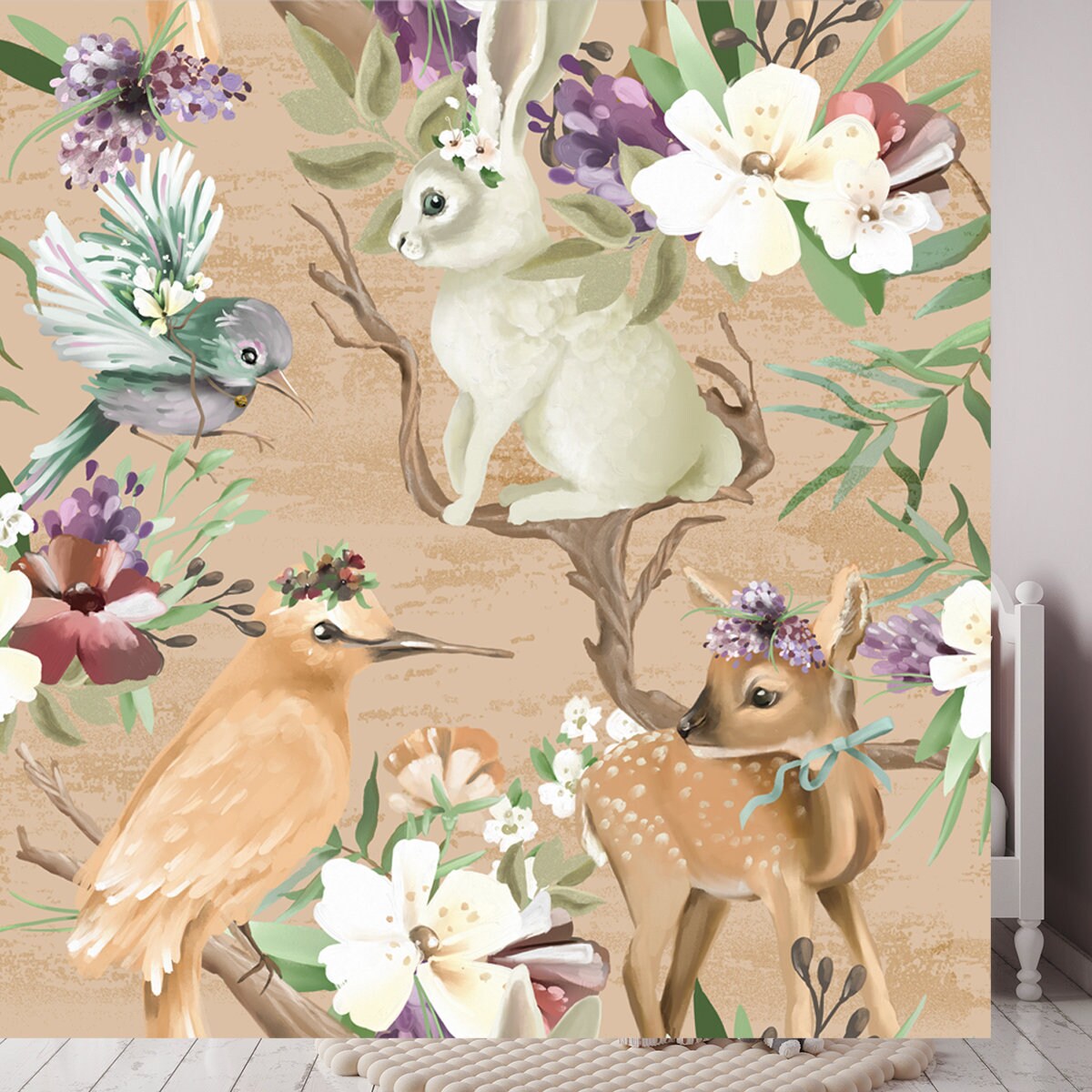 Beautiful, Vintage, Enchanted Woodland, Forest Animals and Birds with Flowers Wallpaper Girl Bedroom Mural