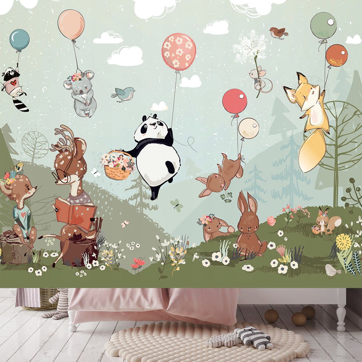 Beautiful Panda with Animals and Deer Reading Book Wallpaper Girls Bedroom Mural