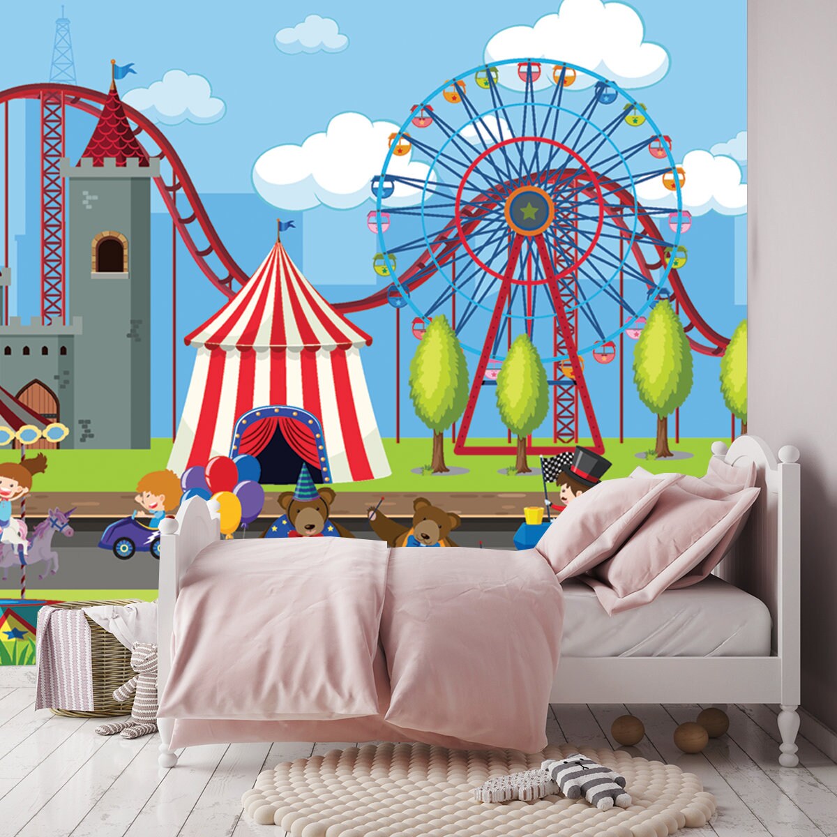 Amusement Park Scene with Ferris Wheel Illustration Wallpaper Girl Bedroom Mural