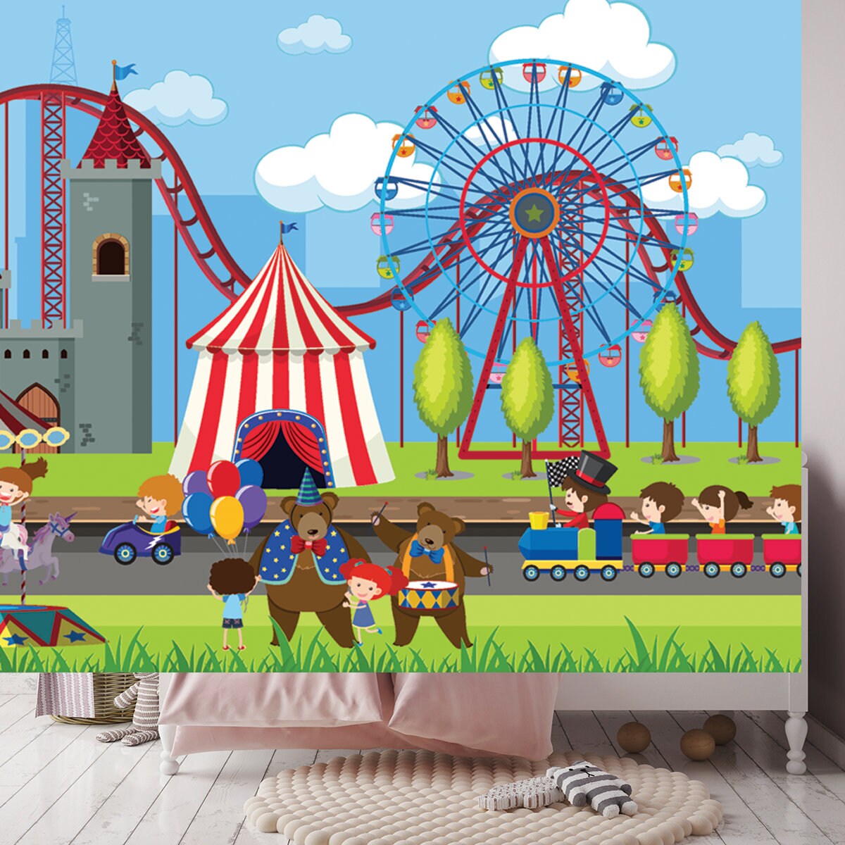 Amusement Park Scene with Ferris Wheel Illustration Wallpaper Girl Bedroom Mural