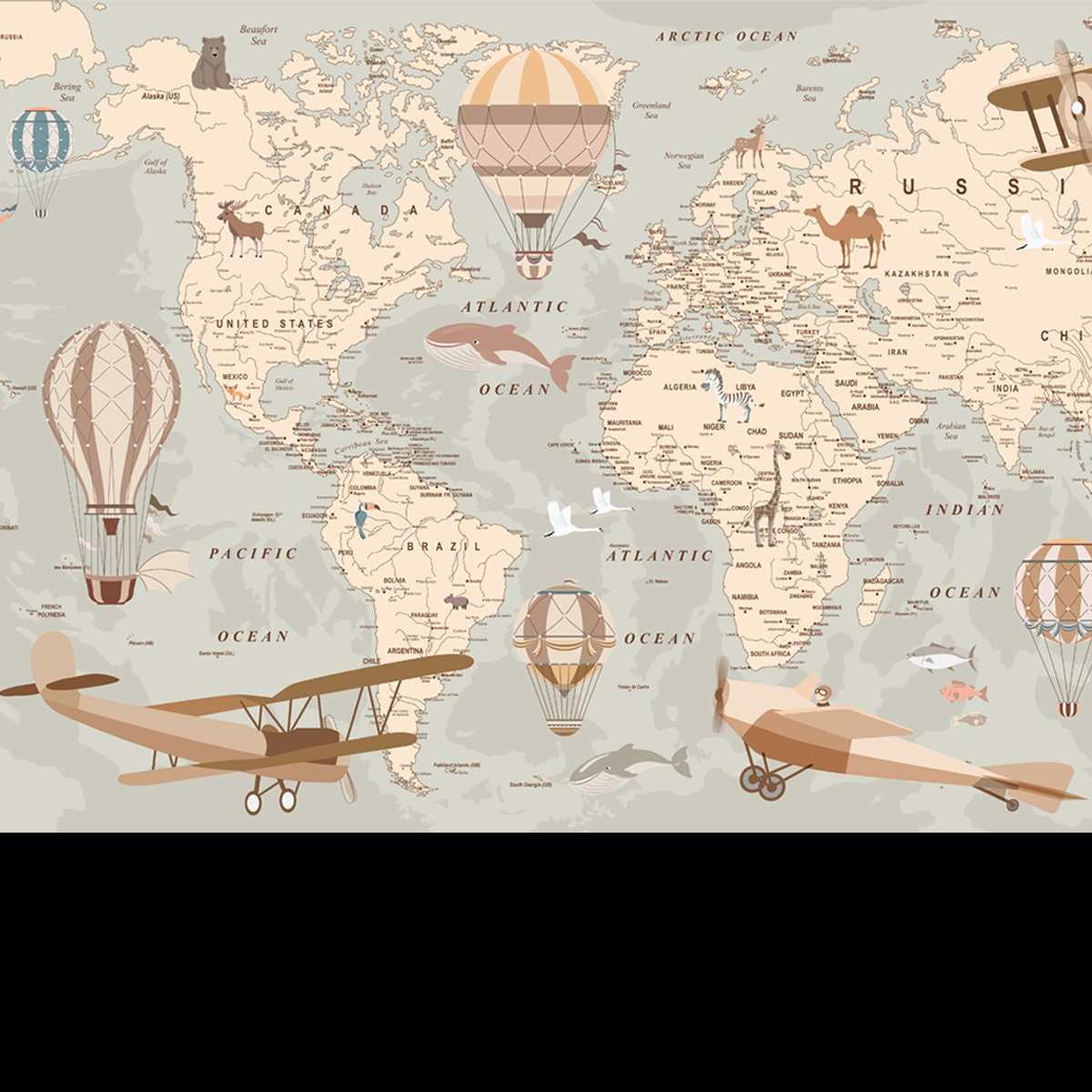 Childrens Retro World Map with Animals Airplanes and Balloons Wallpaper Boys Bedroom Mural