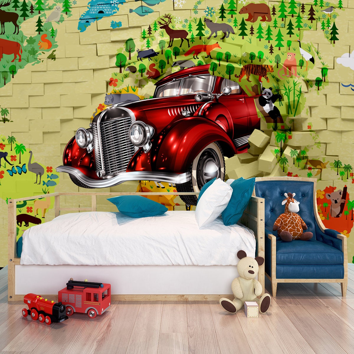 3d Mural Wallpaper Broken Wall Bricks and Red Classic Car Wallpaper Boy Bedroom Mural