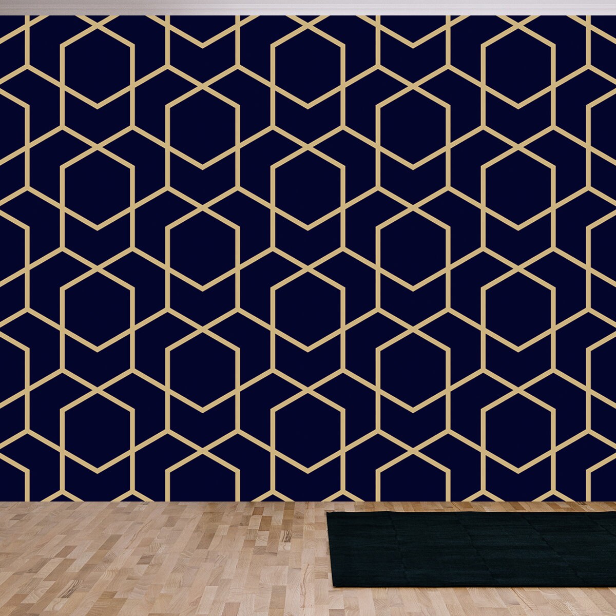 Abstract Geometric Pattern with Lines, Rhombuses. Blue-Black and Gold Texture Wallpaper Living Room Mural