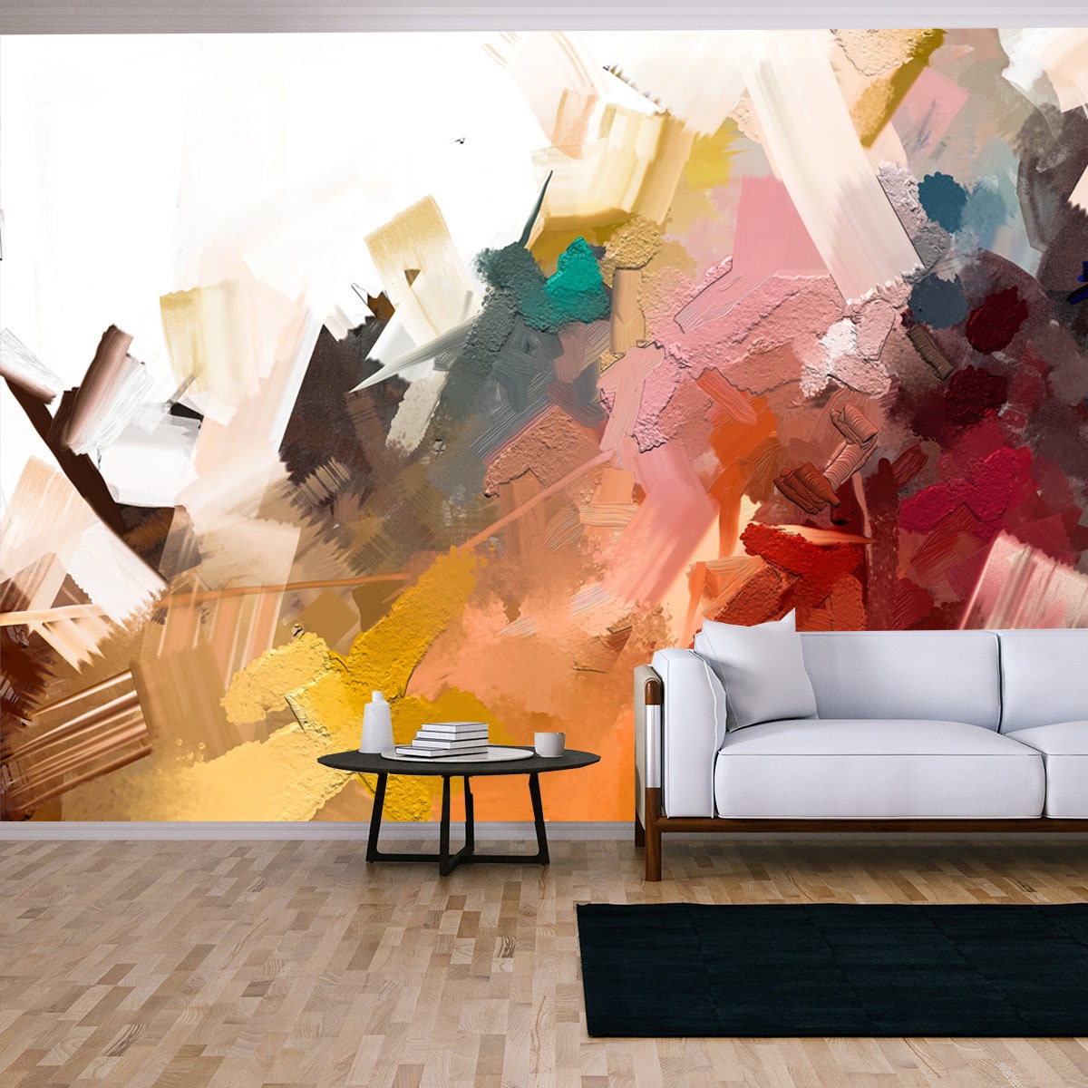 Abstract Colorful Oil Painting on Canvas Texture. Hand Drawn Brush Stroke, Oil Color Paintings Background Wallpaper Living Room Mural