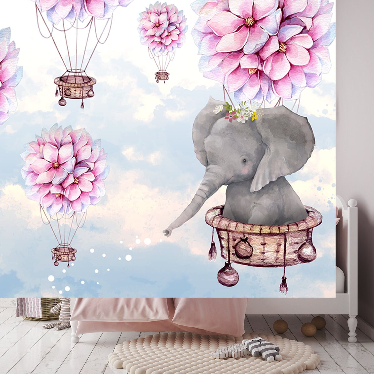 Big Elephant with Hot Air Balloon Flowers on Sky Watercolor Wallpaper Girls Bedroom Mural