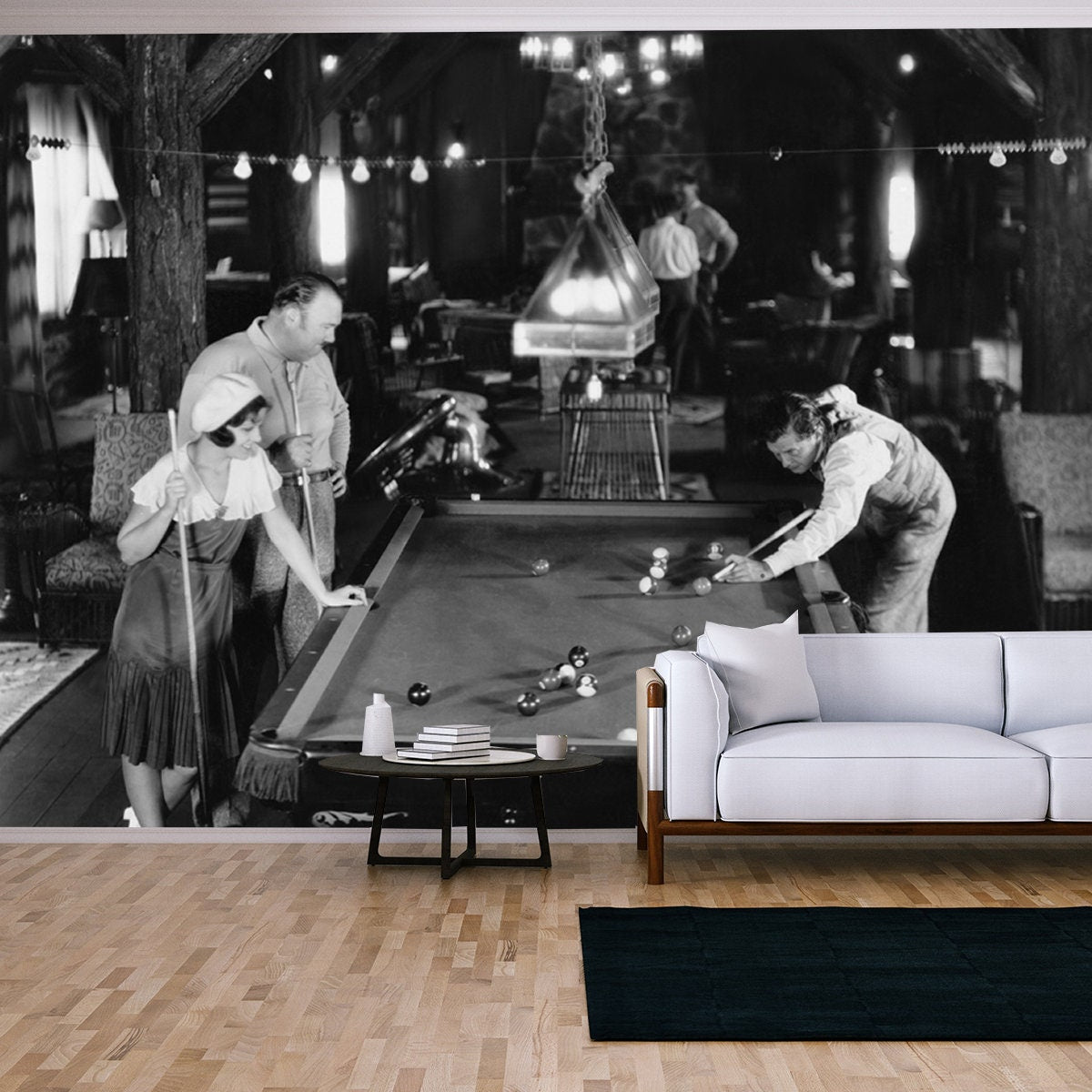 Vintage Black and White Billiard Playing Pool Wallpaper Living Room Mural
