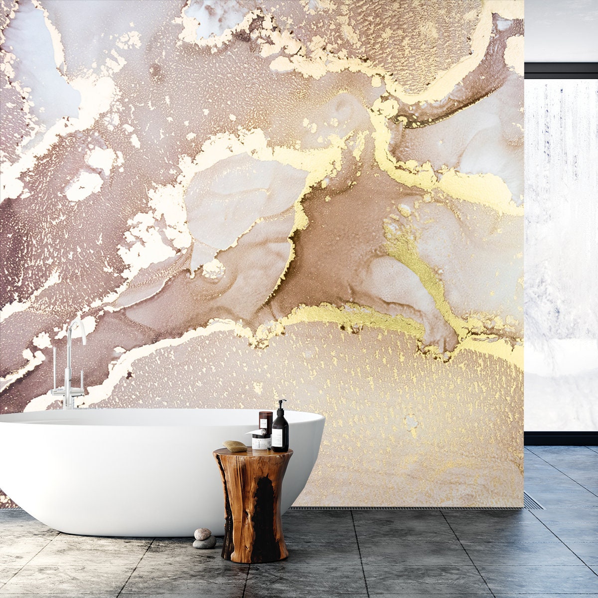 Luxury Abstract Fluid Art Painting in Alcohol Ink Technique, Mixture of Pastel Brown and Gold Paints Wallpaper Bathroom Mural
