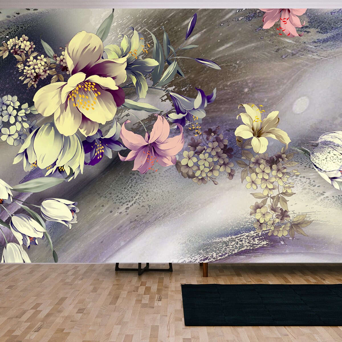 Abstract Background, Halftone Flowers Bouquet, Floral Illustration Wallpaper Living Room Mural