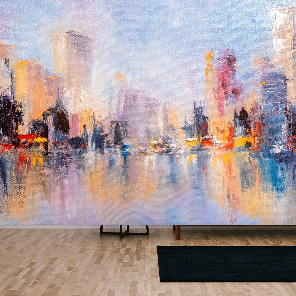 Skyline City View with Reflections on Water. Original Oil Painting on Canvas Wallpaper Living Room Mural