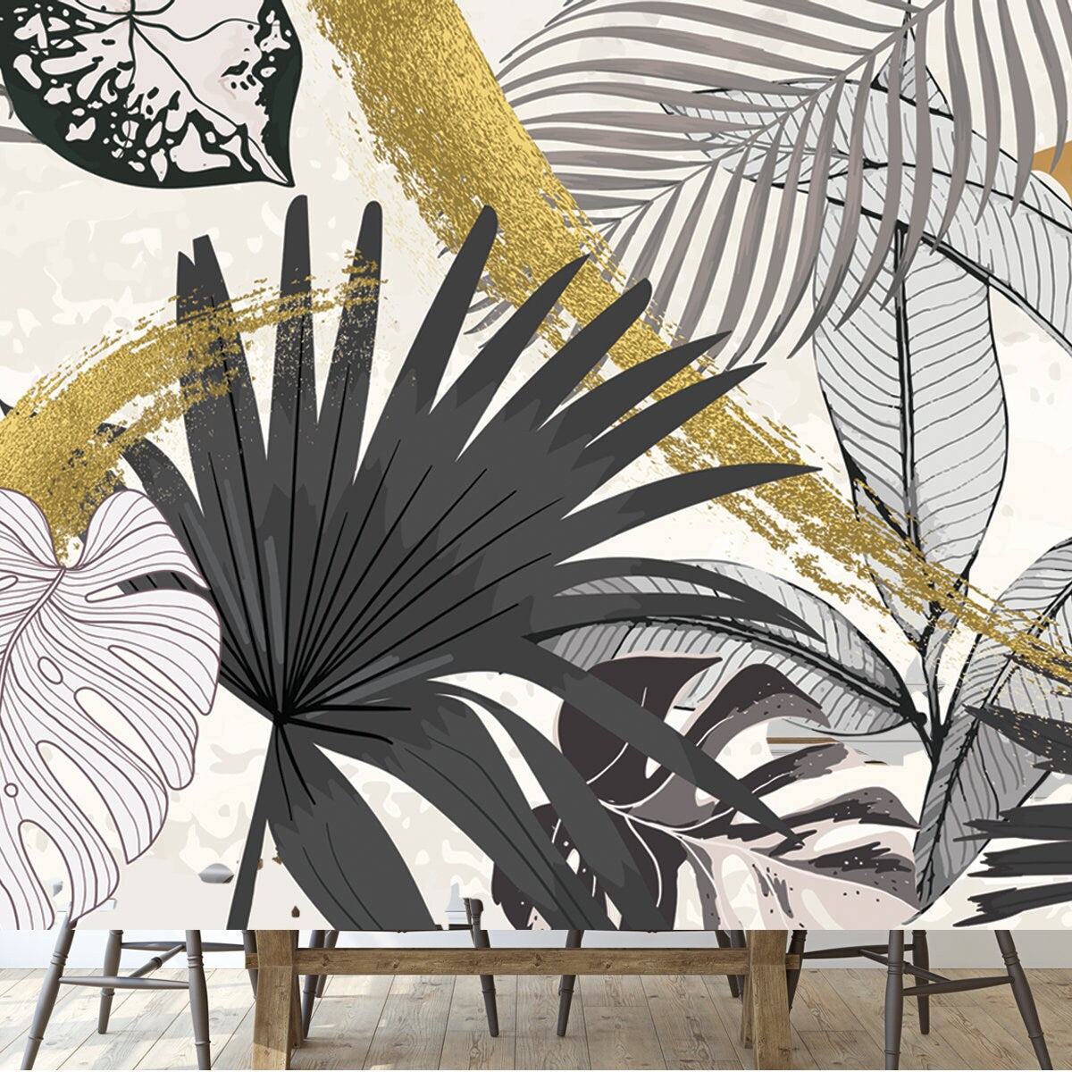 Luxury Green Summer Background and Wallpaper Vector with Golden Metallic Wallpaper Dining Room Mural