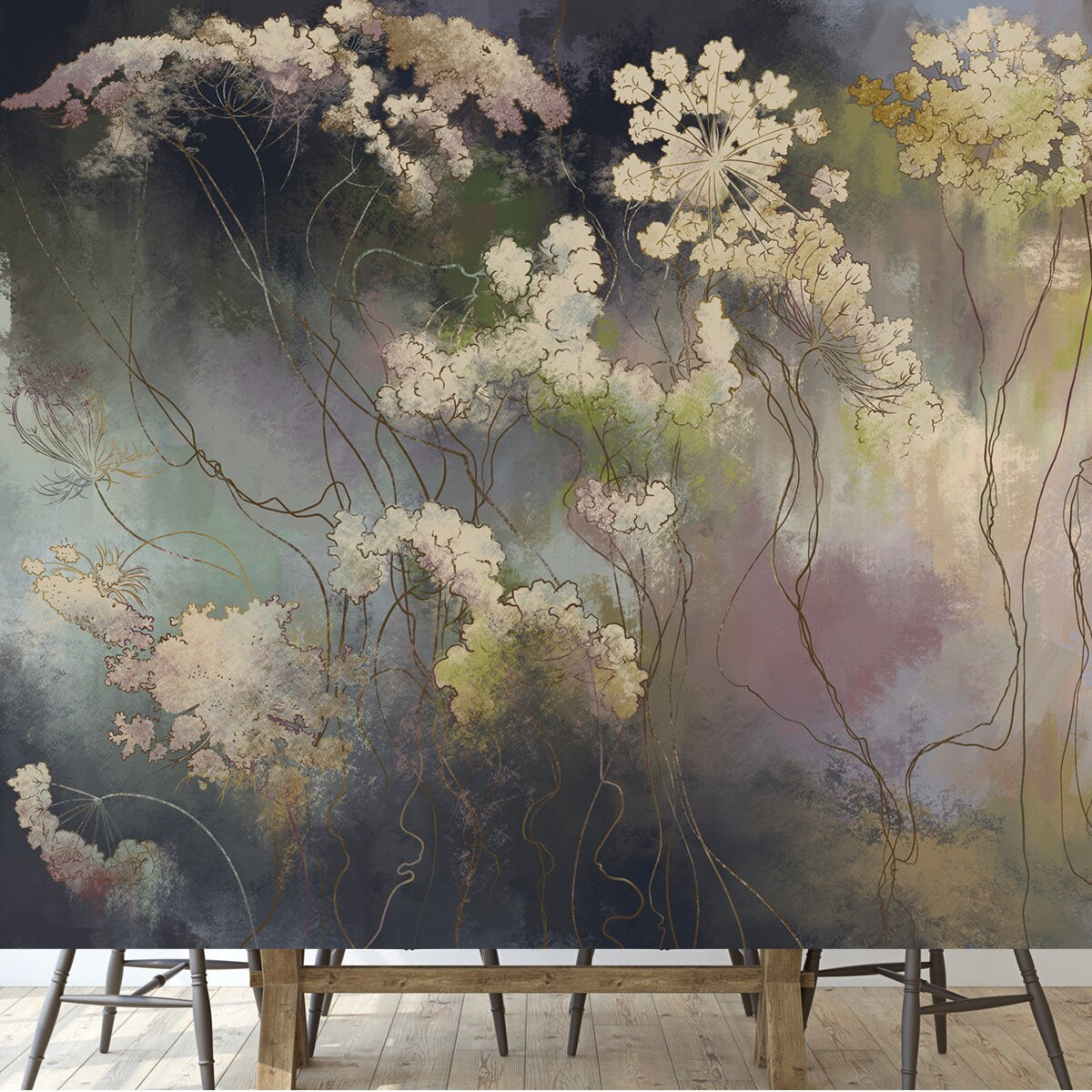 Graphic Wildflowers Painted on Dark Colorful Wall. Floral Background in Loft, Modern Style Wallpaper Dining Room Mural