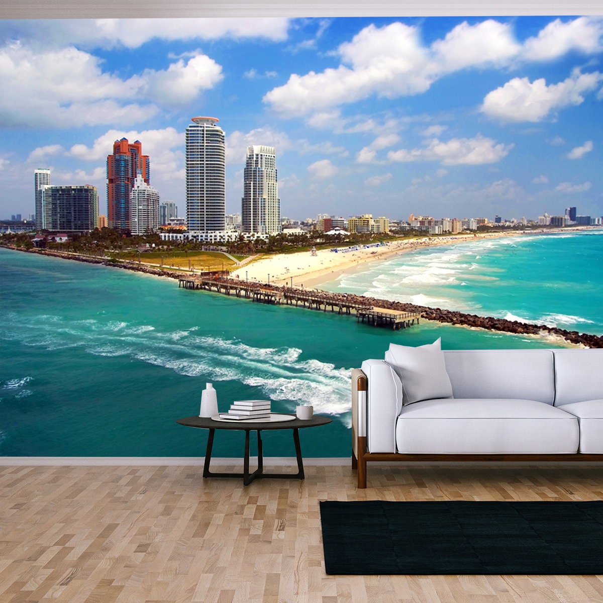 Aerial View of South Miami Beach with Pilot Boat Sailing Next to the City Line Wallpaper Living Room Mural