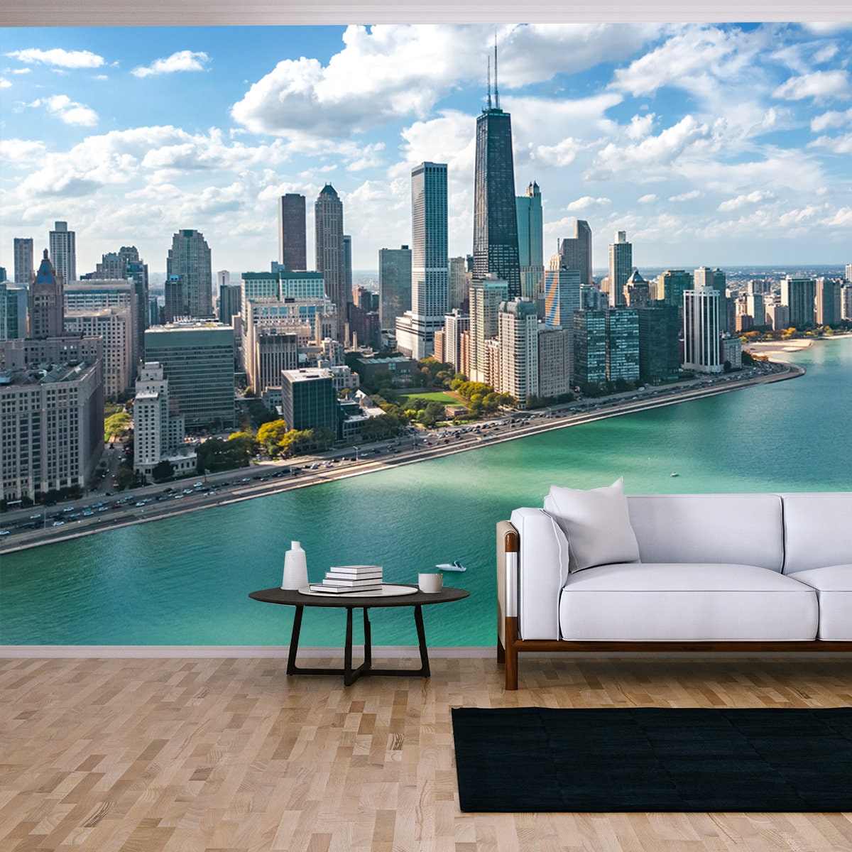 Chicago Skyline, Lake Michigan and City of Chicago Downtown Skyscrapers Cityscape, Illinois, USA Wallpaper Living Room Mural