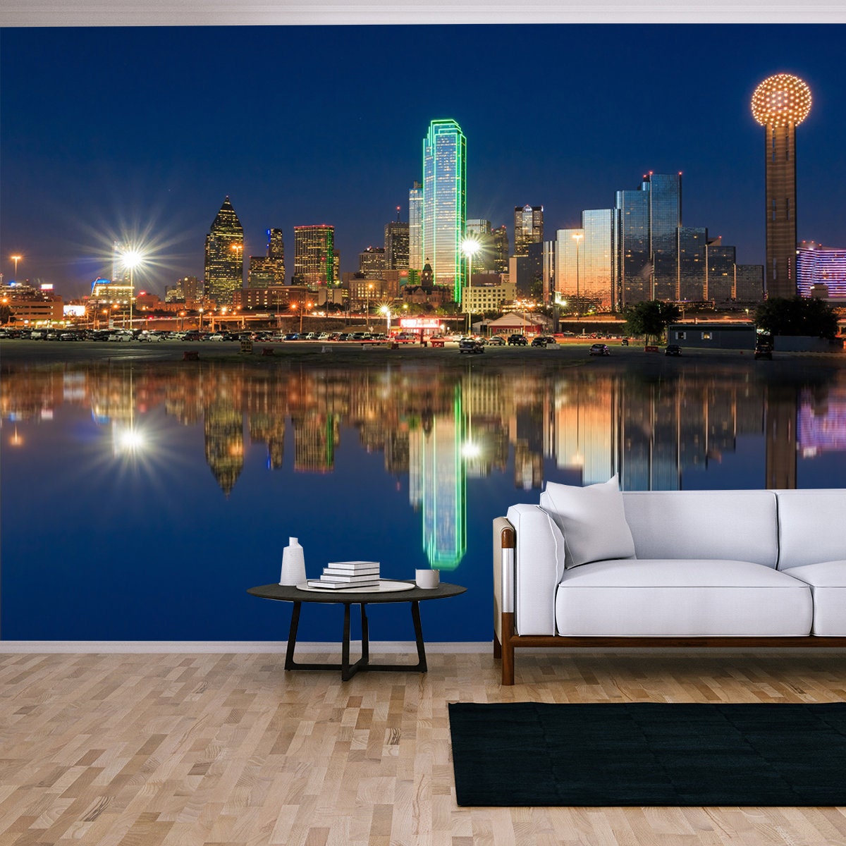 Dallas Skyline Reflected in Trinity River at Sunset, Texas Wallpaper Living Room Mural