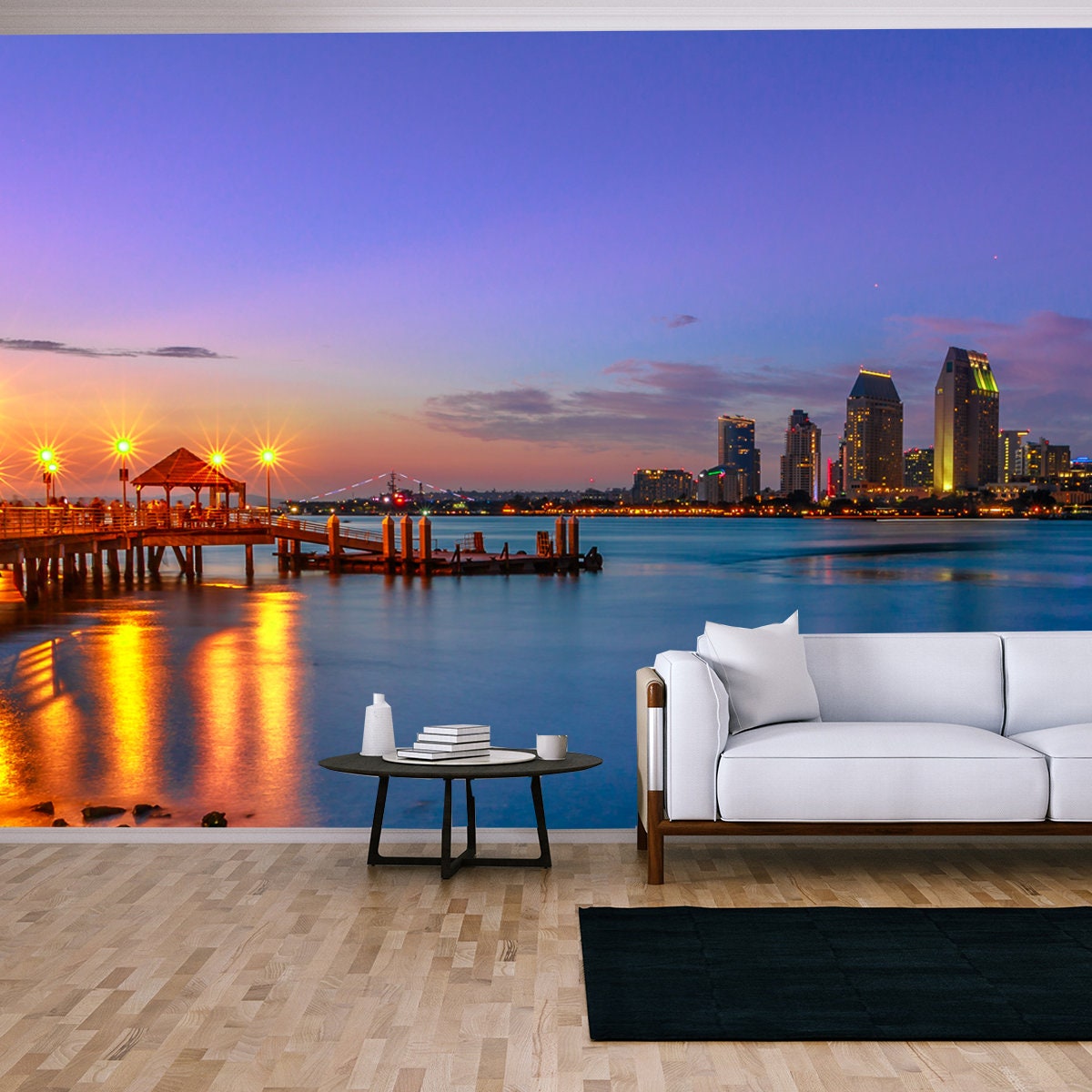 San Diego Cityscape Skyline with Downtown and Waterfront Marina District at Twilight on Background Wallpaper Living Room Mural