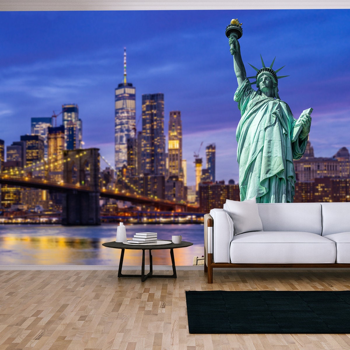 Statue of Liberty Brooklyn Bridge with Lower Manhattan Skyscrapers Building for New York City Wallpaper Living Room Mural