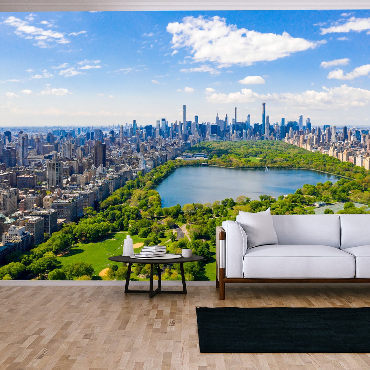 Aerial View of the Central Park in New York with Golf Fields and Tall Skyscrapers Wallpaper Living Room Mural