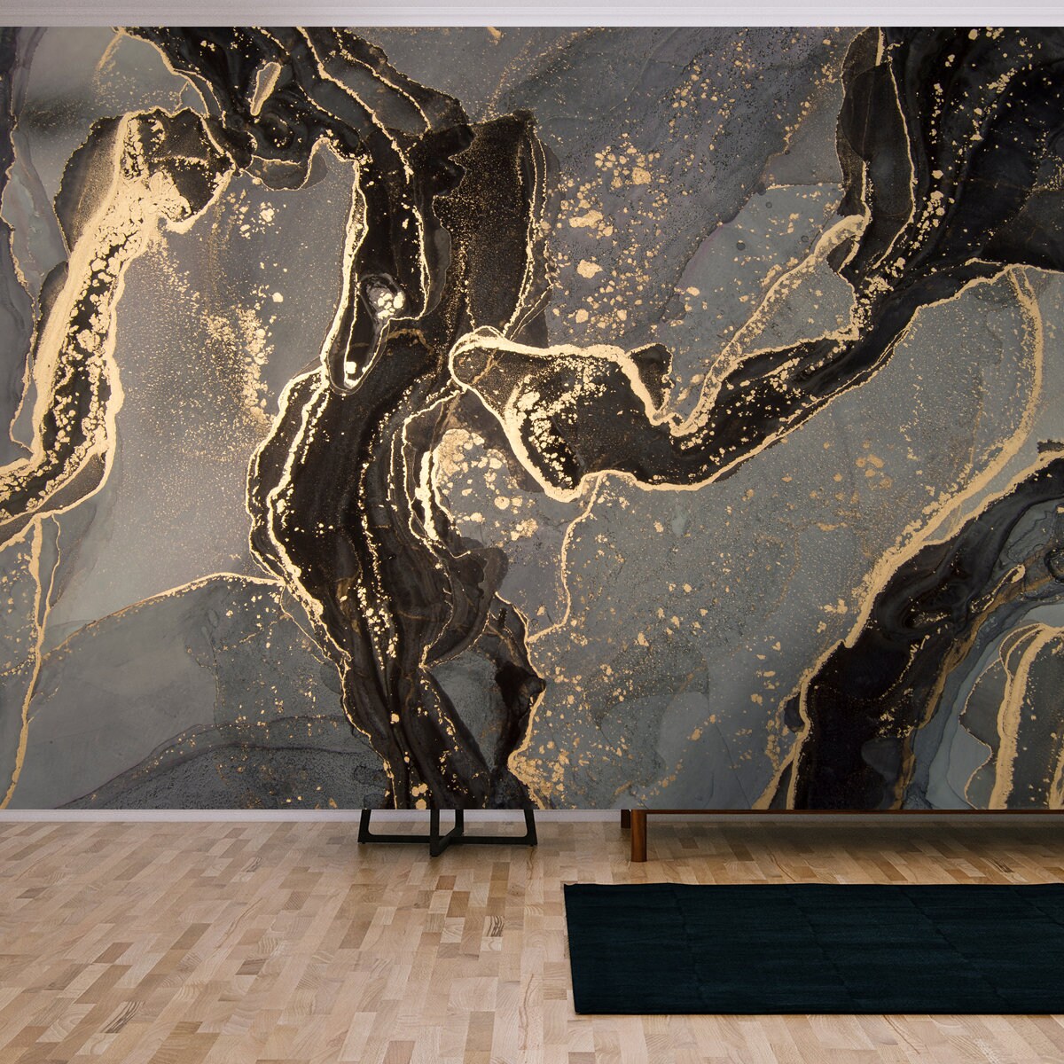 Luxury Abstract Fluid Art Painting in Alcohol Ink Technique, Mixture of Black, Gray and Gold Paints Wallpaper Living Room Mural