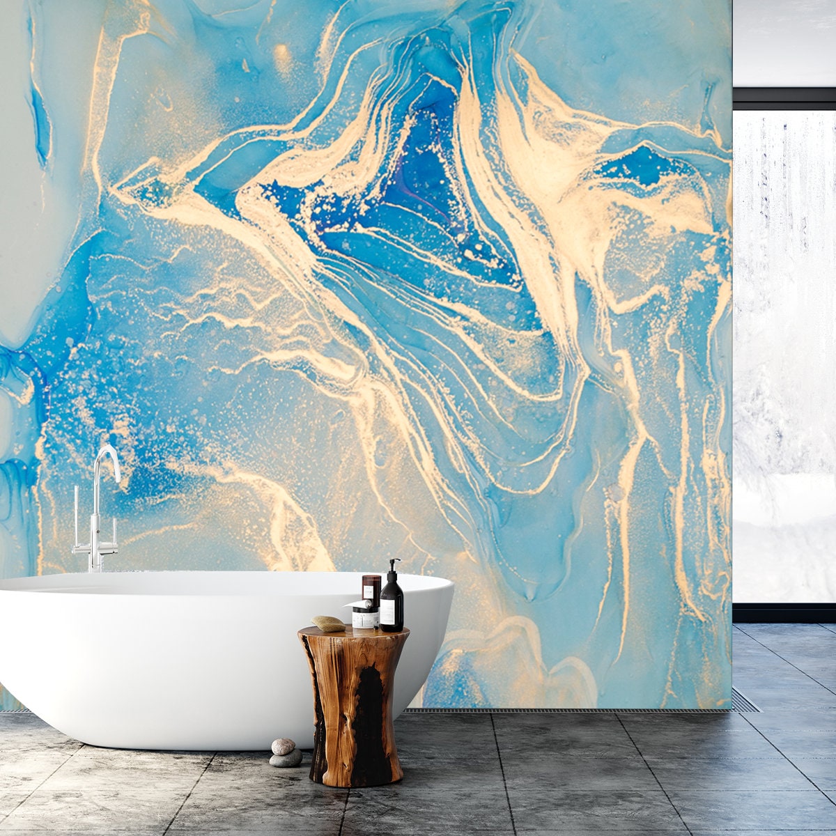 Luxury Abstract Fluid Art Painting, Mixture of Blue and Gold Paints. Imitation of Marble Stone Cut Wallpaper Living Room Mural