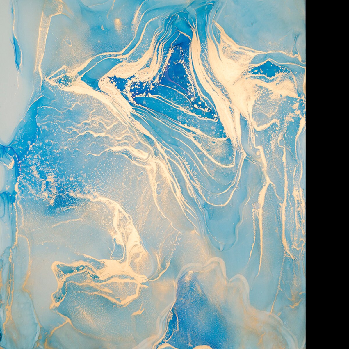 Luxury Abstract Fluid Art Painting, Mixture of Blue and Gold Paints. Imitation of Marble Stone Cut Wallpaper Living Room Mural
