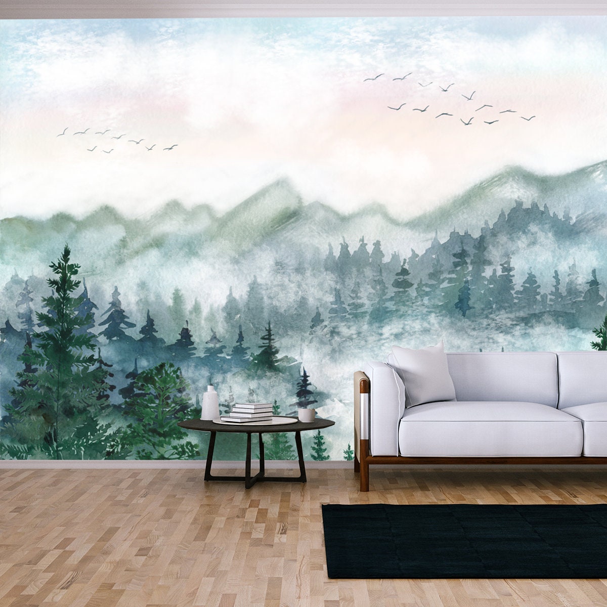 Watercolor Illustration Forest in Green Tones. Landscape, Forest Trees, Pines, Mountains Wallpaper Living Room Mural