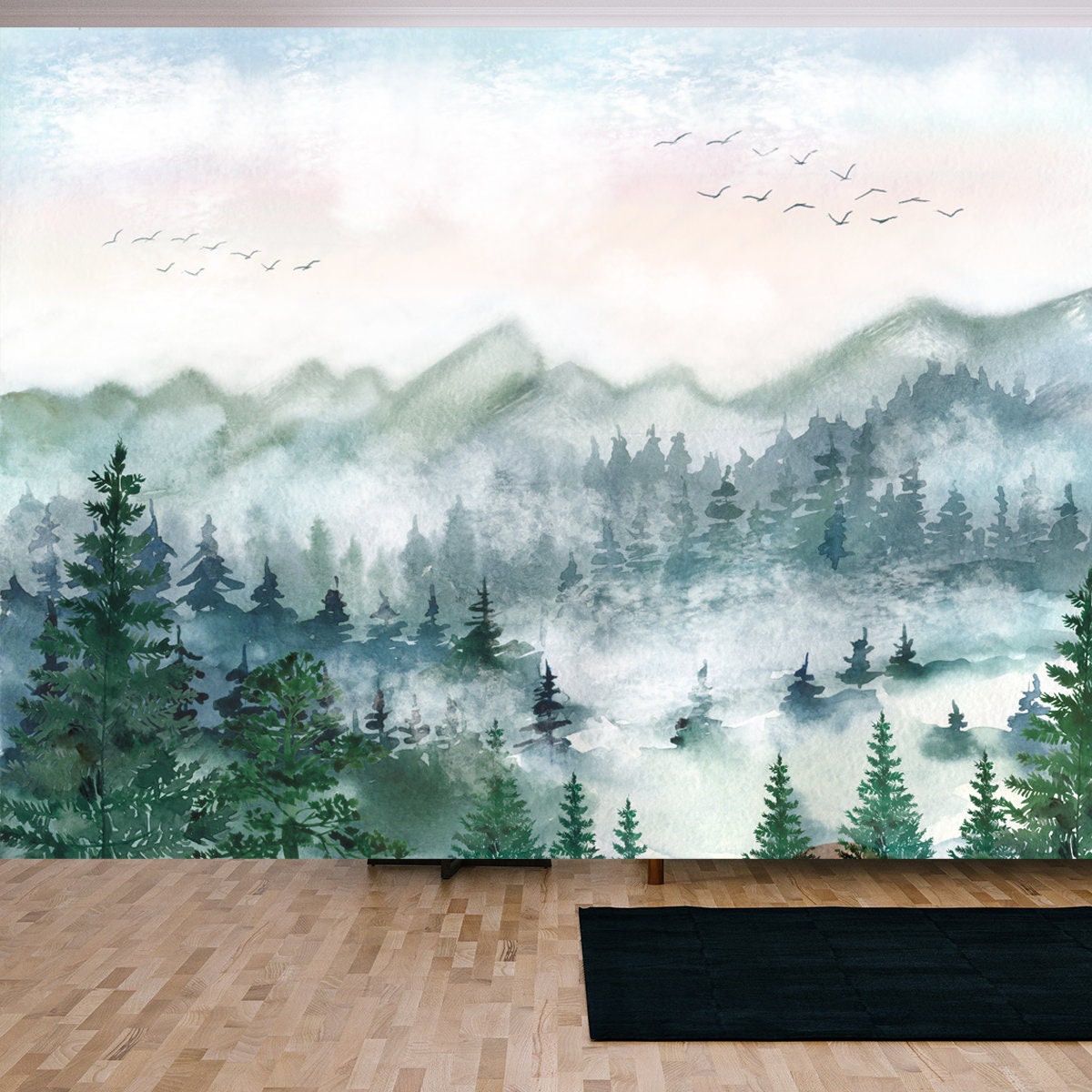 Watercolor Illustration Forest in Green Tones. Landscape, Forest Trees, Pines, Mountains Wallpaper Living Room Mural