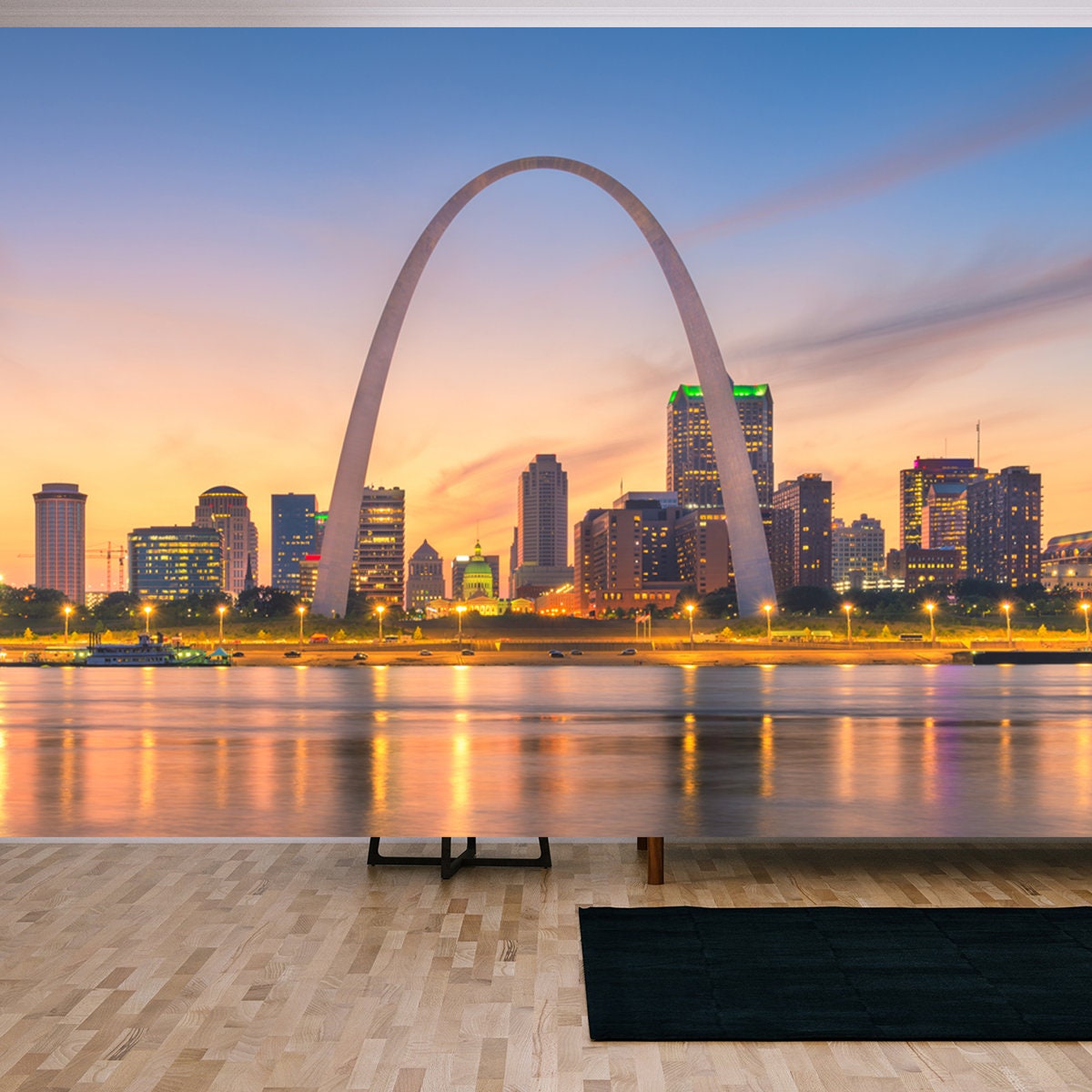 St. Louis, Missouri, USA Downtown Cityscape on the River at Dusk Wallpaper Living Room Mural