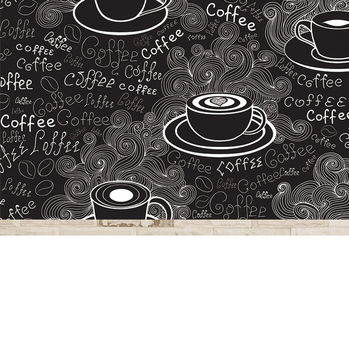 Various Coffee Cups and Words "Coffee" Handwritten by Chalk on Black Board Wallpaper Kitchen Mural