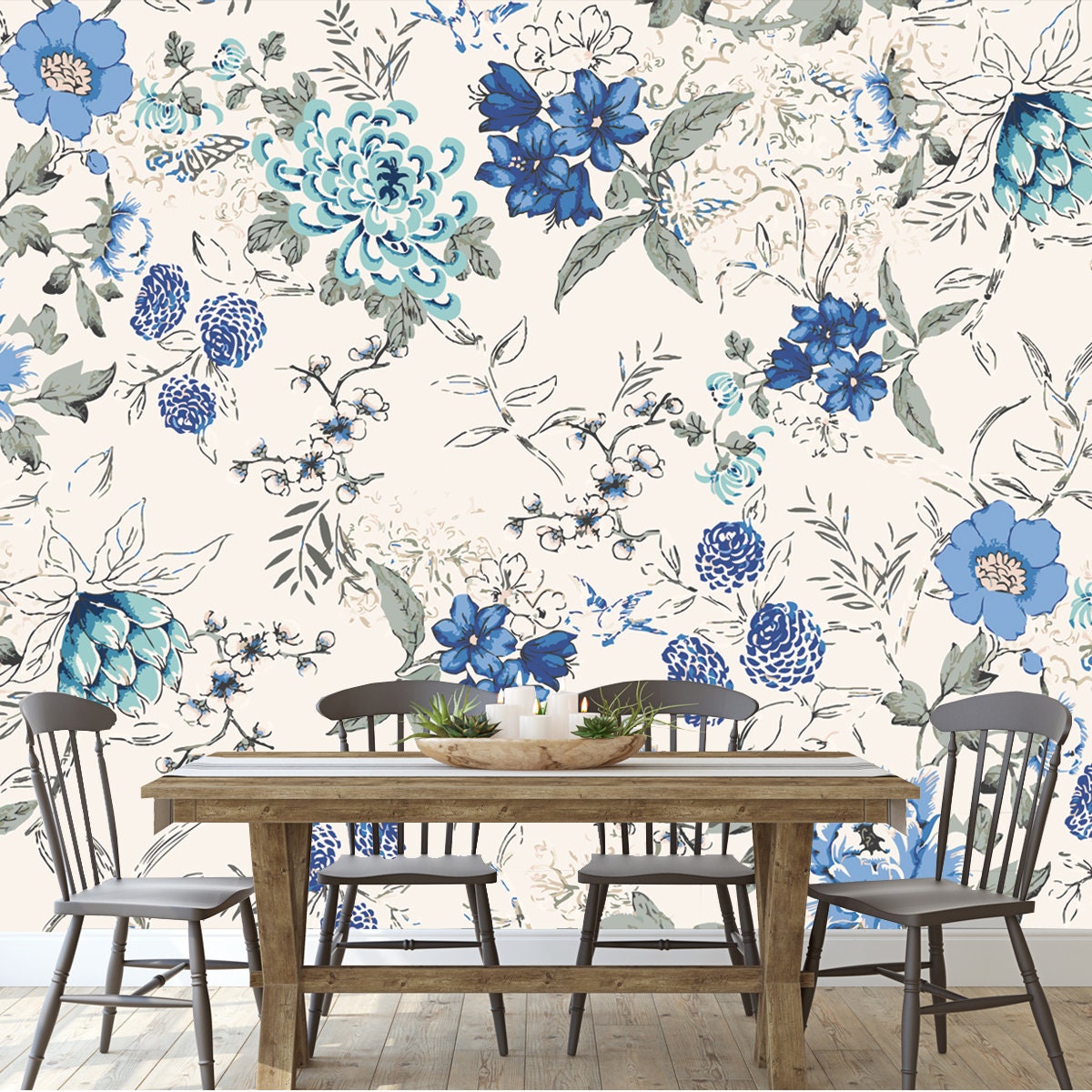 Seamless Background of Blue Watercolor Flowers Wallpaper Dining Room Mural
