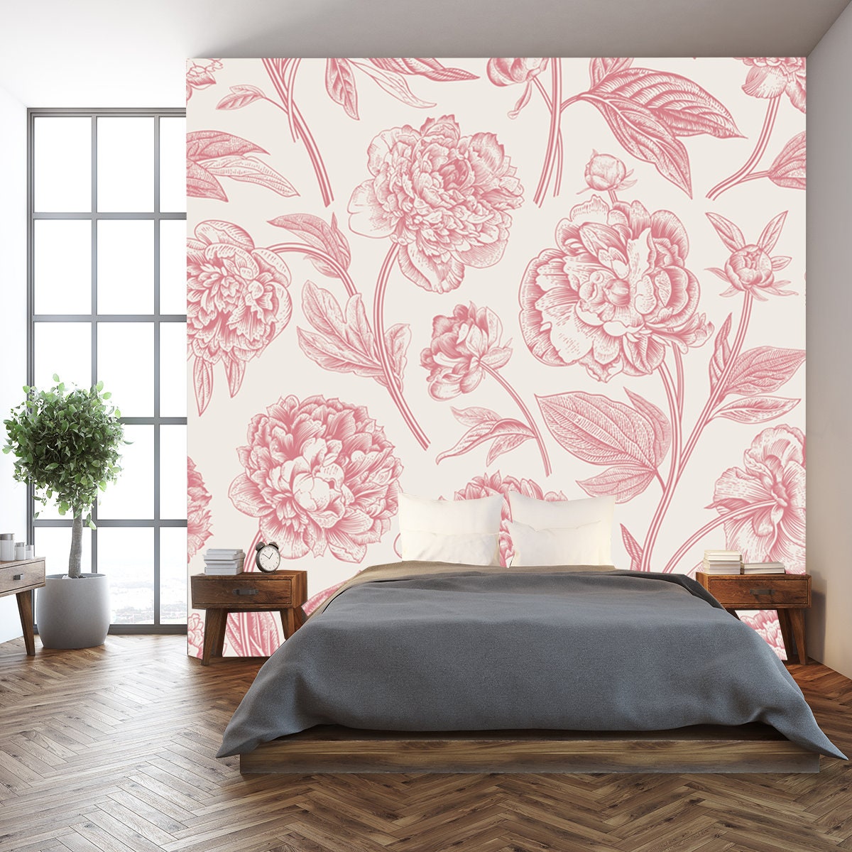 Seamless Pattern. Classic Pink Peonies Wallpaper Bedroom Mural