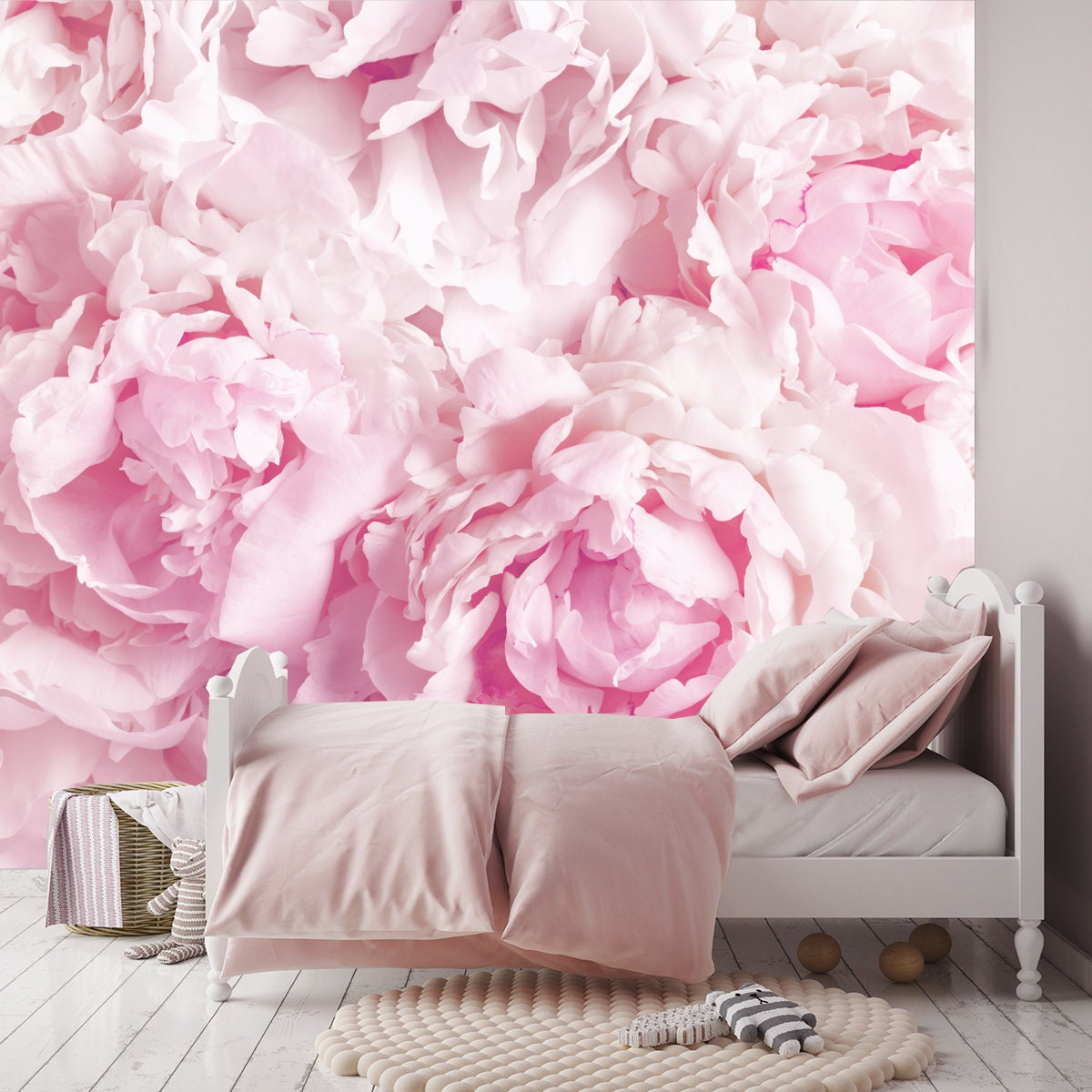 Beautiful Floral Background from Pink Peonies. Tender Flower Petals in Vintage Tone Wallpaper Girl Bedroom Mural