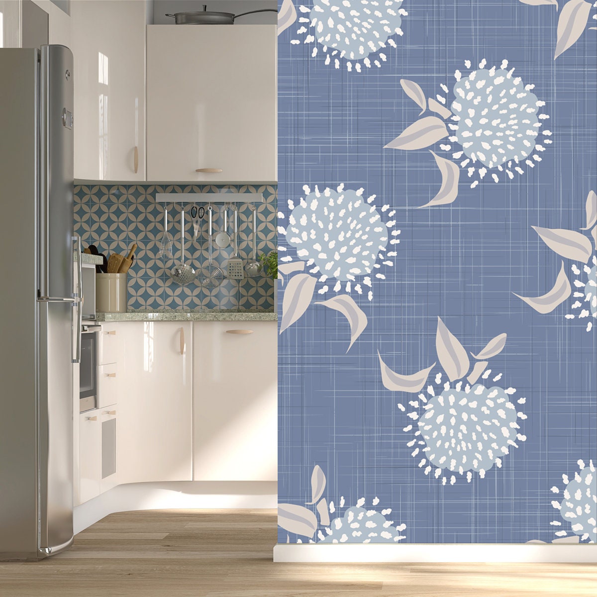 French Shabby Chic Floral Linen. Pretty Dandelion Flower on Blue Wallpaper Kitchen Mural
