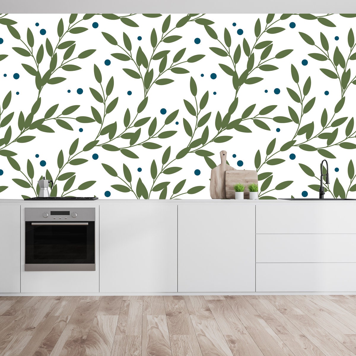 Floral Seamless Pattern in Natural Farmhouse Style with Cute Simple Branches, Berries, Leaves Wallpaper Kitchen Mural