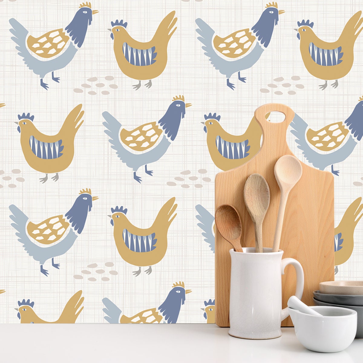 French Farmhouse Chicken Hen Pattern. Provence Linen Shabby Chic Style. Hand Drawn Rustic Texture Background Wallpaper Kitchen Mural