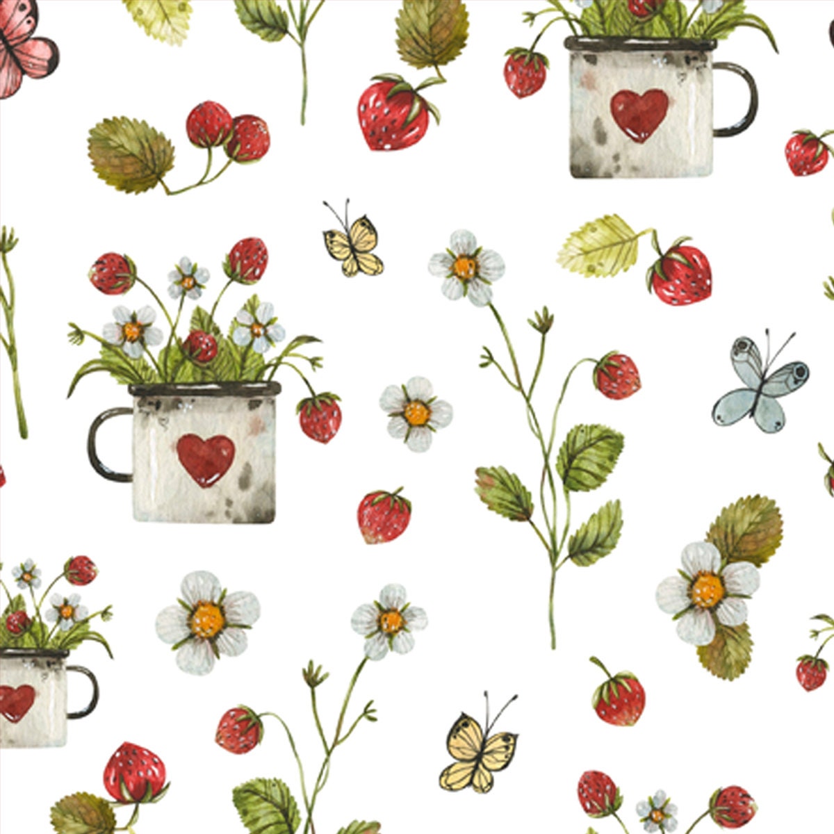Teacup with Strawberries, Berries, Sprout, Herbs and Forest Flowers Wallpaper Kitchen Mural