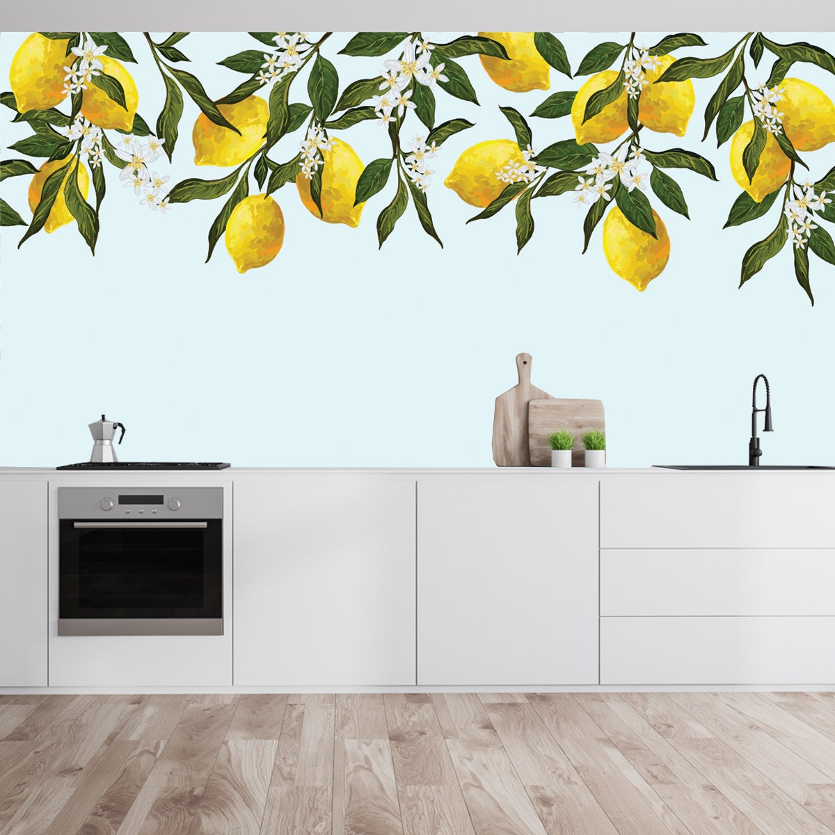 Beautiful Seamless Vector Pattern with Lemons and Flowers Wallpaper Kitchen Mural