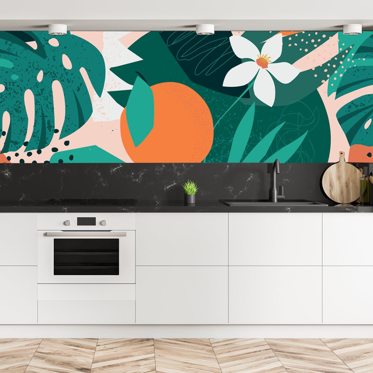 Collage Contemporary Floral Seamless Pattern. Modern Exotic Jungle Fruits and Plants Wallpaper Kitchen Mural