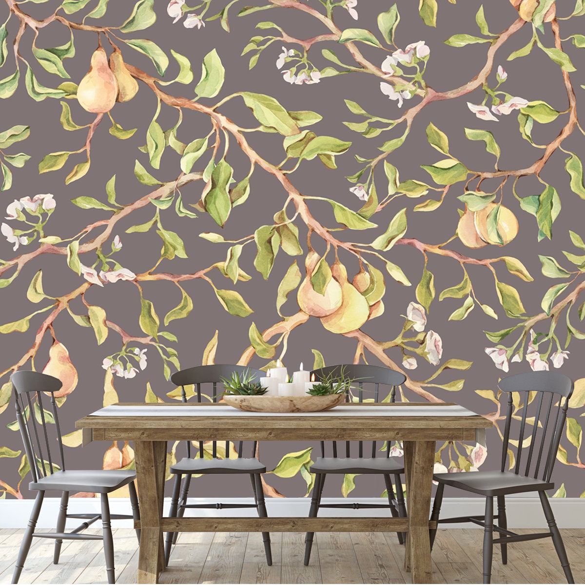 Seamless Pattern on a Brown Background with Branches, White Flowers and Ripe Yellow Pear Fruits. Painted in Watercolor Dining Room Mural