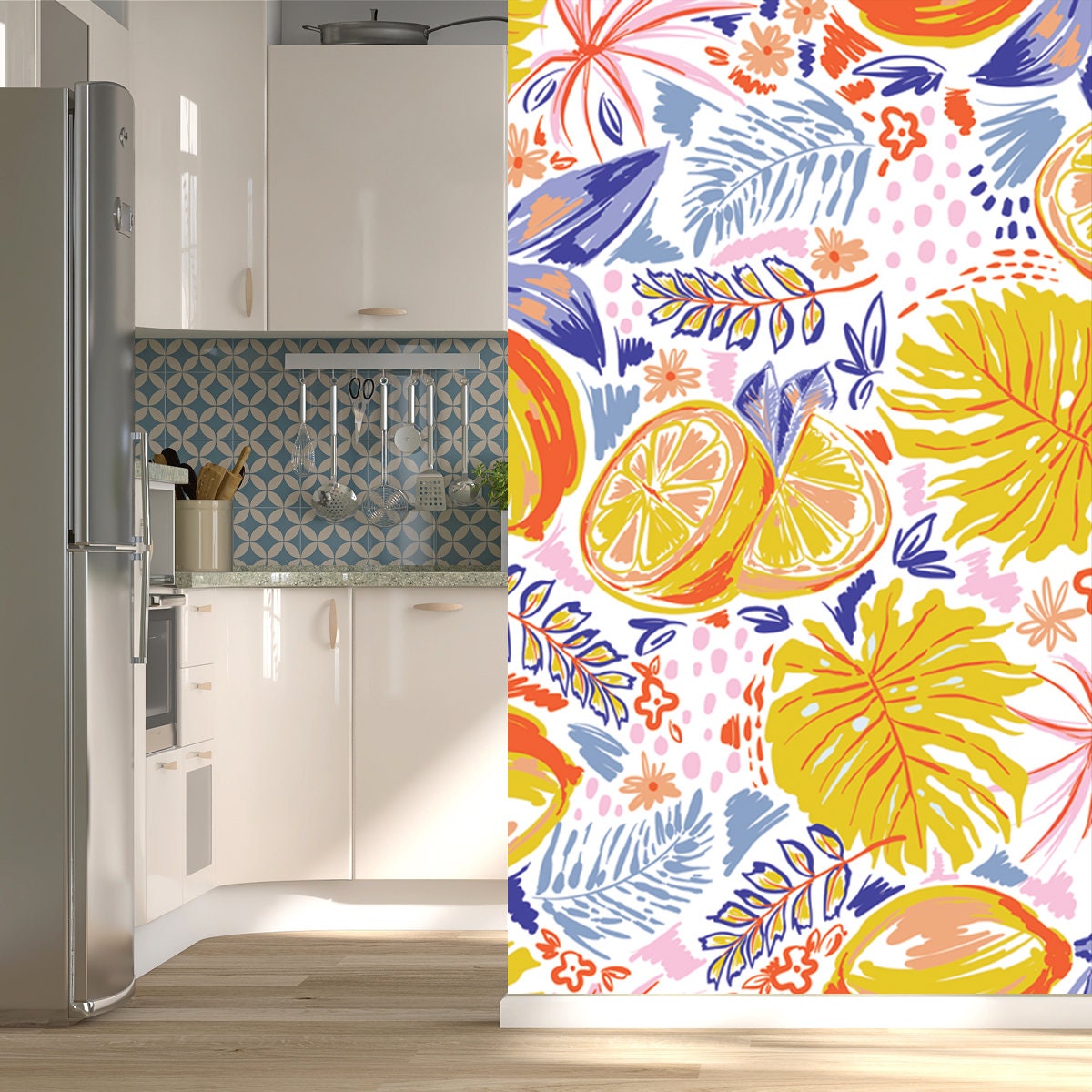 Trendy and Colorful Summer Fruits Lemon and Monstera Leaves Brushed Strokes Style Wallpaper